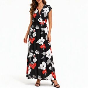 Vtg NOW Is The Time By Puritan Floral Maxi Dress Black Red White VNeck Sz 10 NWT